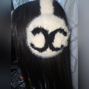 Canal Chic White Ivory & Black Inital Furry Earmuffs